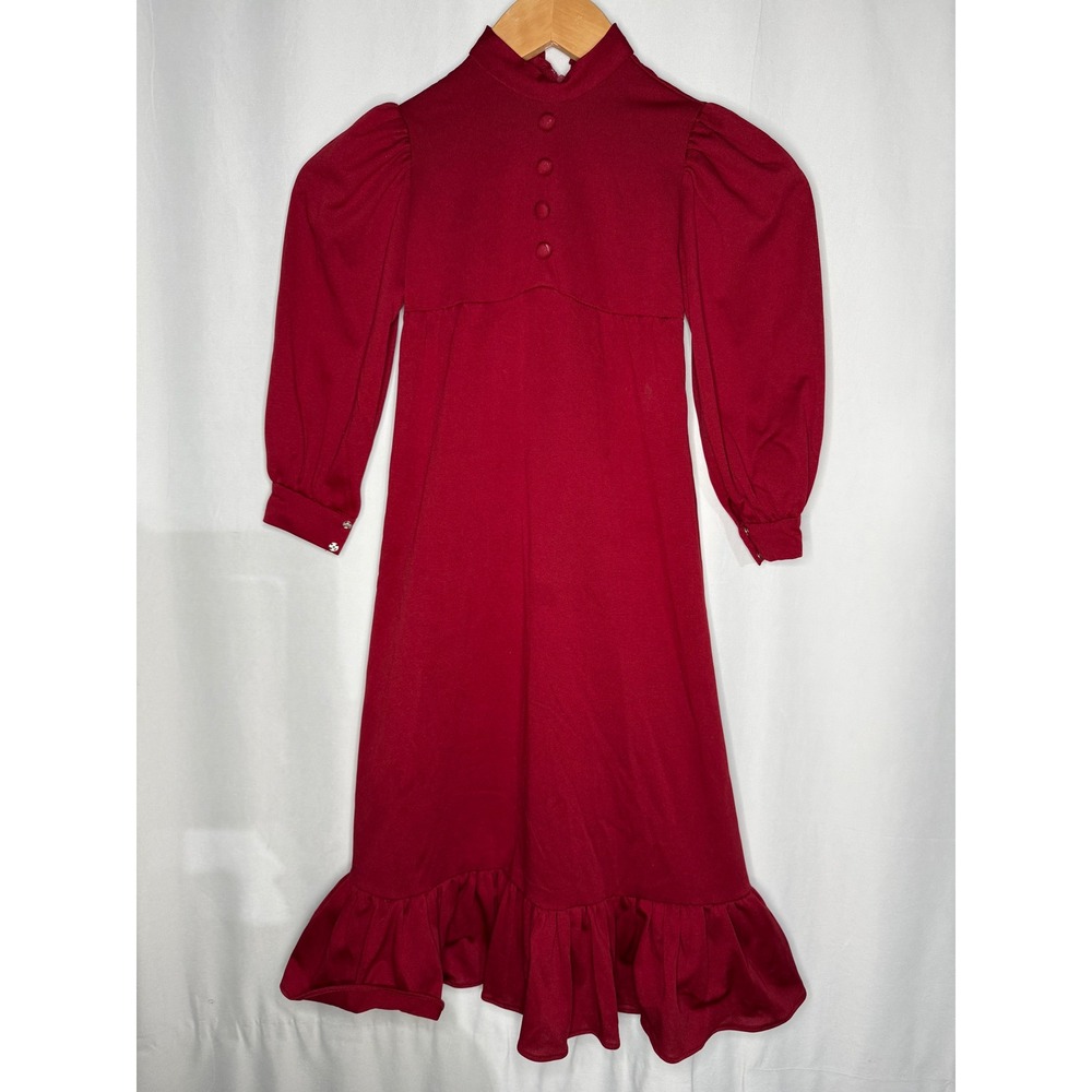 VTG Girls Red Maxi Dress Long Puff Sleeve Ruffle Hem Prairie Victorian Style